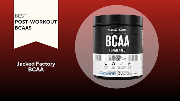 Black tub with white writing that says "BCAA" against a red background